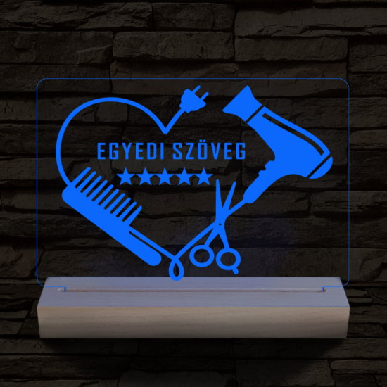 Fodrász szív személyre szabott 20 cm fa talppal 7 színű 3D led lámpa