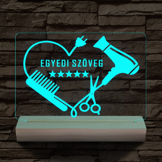 Fodrász szív személyre szabott 20 cm fa talppal 7 színű 3D led lámpa