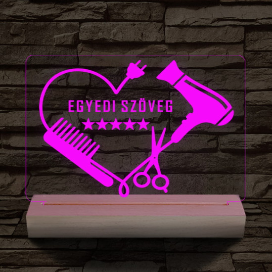 Fodrász szív személyre szabott 20 cm fa talppal 7 színű 3D led lámpa
