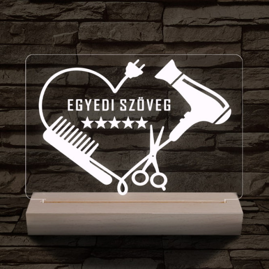 Fodrász szív személyre szabott 20 cm fa talppal 7 színű 3D led lámpa