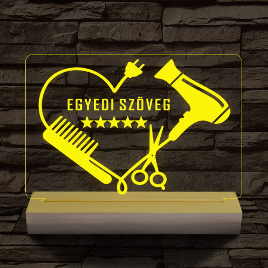 Fodrász szív személyre szabott 20 cm fa talppal 7 színű 3D led lámpa