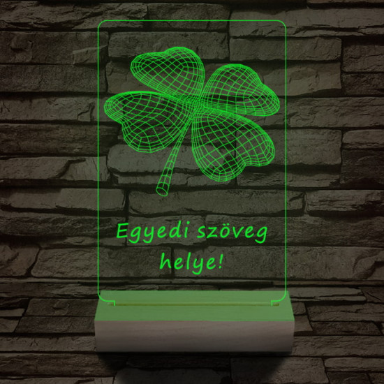 Négy levelű lóhere személyre szabott 20 cm fa talppal 7 színű 3D led lámpa  
