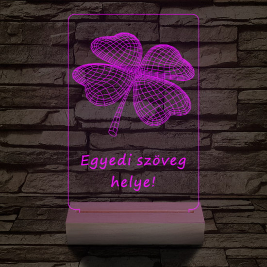 Négy levelű lóhere személyre szabott 20 cm fa talppal 7 színű 3D led lámpa  