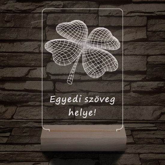 Négy levelű lóhere személyre szabott 20 cm fa talppal 7 színű 3D led lámpa  
