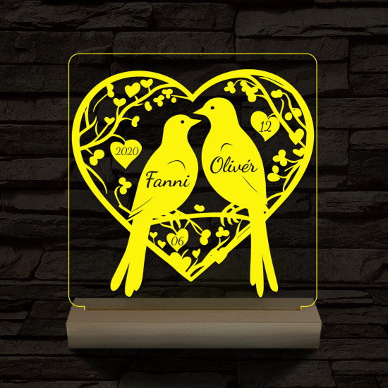 Esküvő galambpár személyre szabott fatalppal 7 színű 3D led lámpa