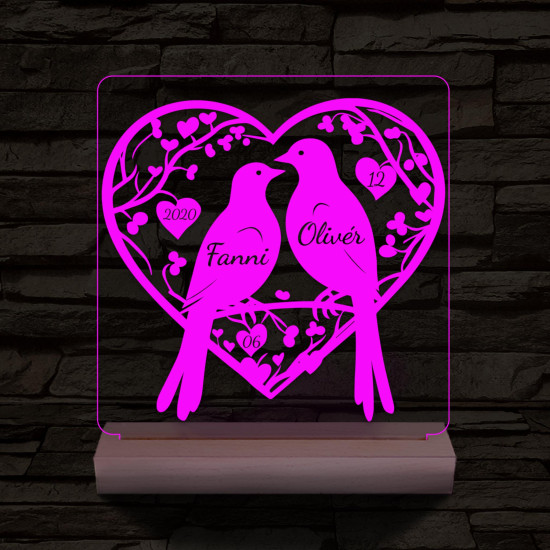 Esküvő galambpár személyre szabott fatalppal 7 színű 3D led lámpa