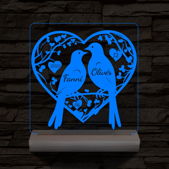 Esküvő galambpár személyre szabott fatalppal 7 színű 3D led lámpa