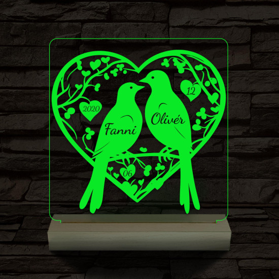 Esküvő galambpár személyre szabott fatalppal 7 színű 3D led lámpa