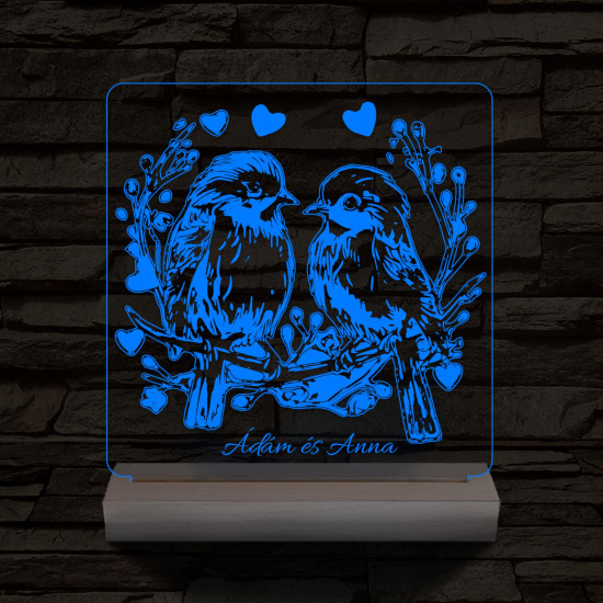 Esküvő szív galambpár személyre szabott 20 cm fa talppal 7 színű 3D led lámpa