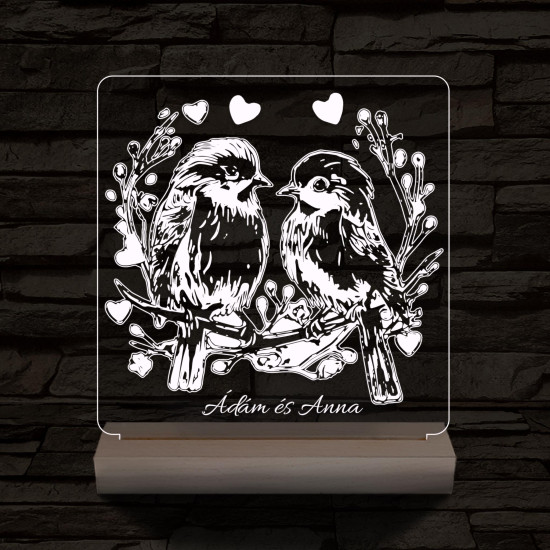 Esküvő szív galambpár személyre szabott 20 cm fa talppal 7 színű 3D led lámpa
