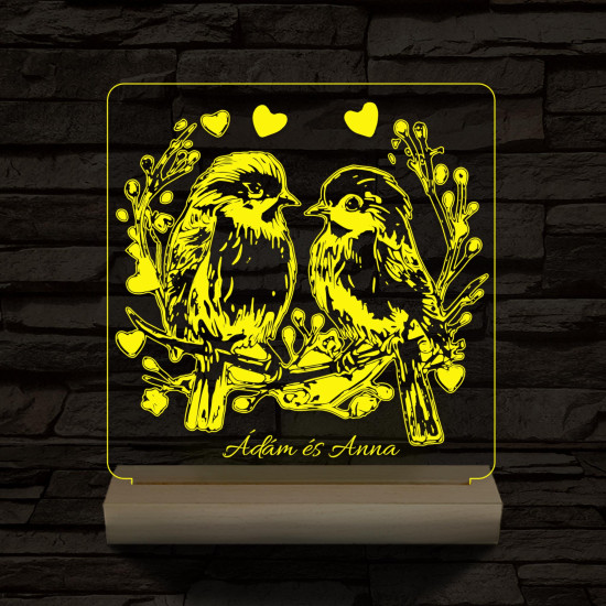 Esküvő szív galambpár személyre szabott 20 cm fa talppal 7 színű 3D led lámpa