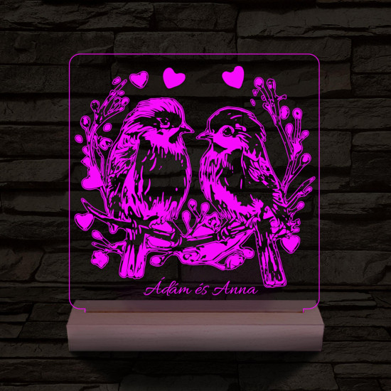 Esküvő szív galambpár személyre szabott 20 cm fa talppal 7 színű 3D led lámpa