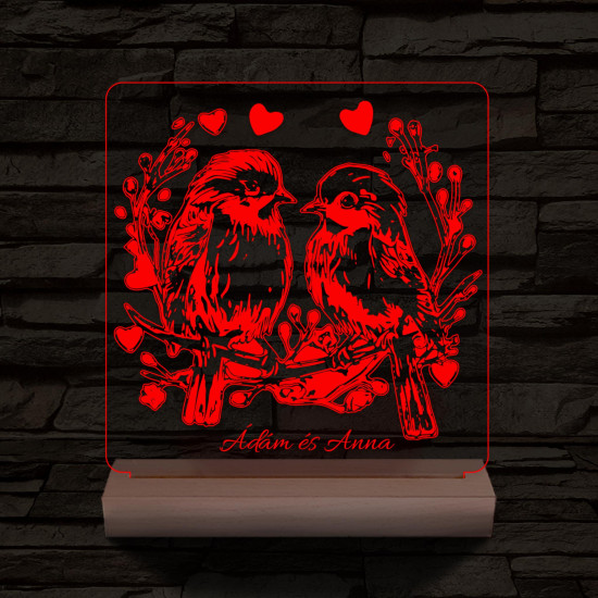 Esküvő szív galambpár személyre szabott 20 cm fa talppal 7 színű 3D led lámpa