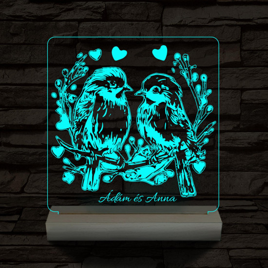 Esküvő szív galambpár személyre szabott 20 cm fa talppal 7 színű 3D led lámpa