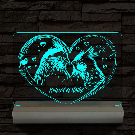 Esküvő turbékoló madarak személyre szabott 20 cm fa talppal 7 színű 3D led lámpa