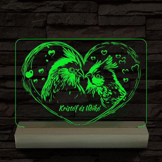 Esküvő turbékoló madarak személyre szabott 20 cm fa talppal 7 színű 3D led lámpa