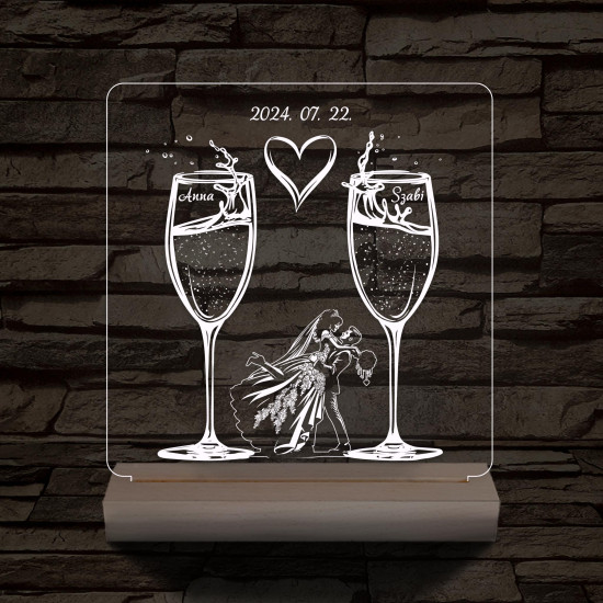 Pezsgő Esküvő személyre szabott fatalppal 7 színű 3D led lámpa