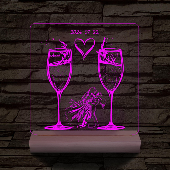 Pezsgő Esküvő személyre szabott fatalppal 7 színű 3D led lámpa