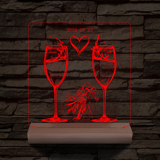 Pezsgő Esküvő személyre szabott fatalppal 7 színű 3D led lámpa
