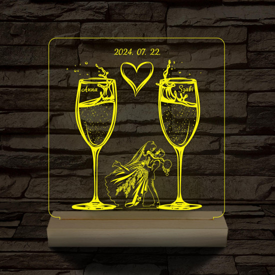 Pezsgő Esküvő személyre szabott fatalppal 7 színű 3D led lámpa