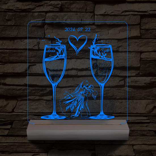 Pezsgő Esküvő személyre szabott fatalppal 7 színű 3D led lámpa
