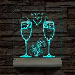 Pezsgő Esküvő személyre szabott fatalppal 7 színű 3D led lámpa
