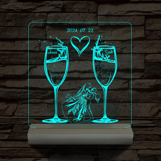 Pezsgő Esküvő személyre szabott fatalppal 7 színű 3D led lámpa