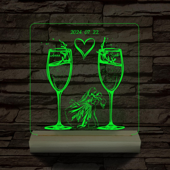 Pezsgő Esküvő személyre szabott fatalppal 7 színű 3D led lámpa