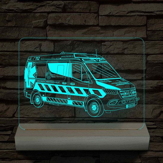 Mentőautó fa talppal 7 színű 3D led lámpa