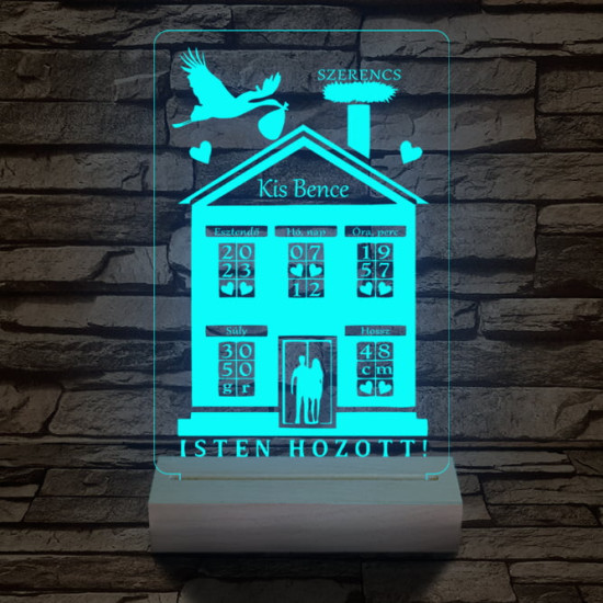 Babaköszöntő személyre szabott 20 cm fa talppal 7 színű 3D led lámpa