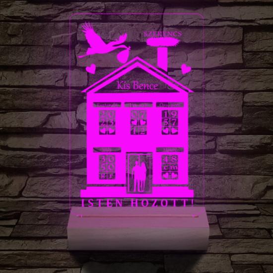Babaköszöntő személyre szabott 20 cm fa talppal 7 színű 3D led lámpa