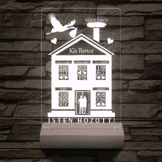 Babaköszöntő személyre szabott 20 cm fa talppal 7 színű 3D led lámpa