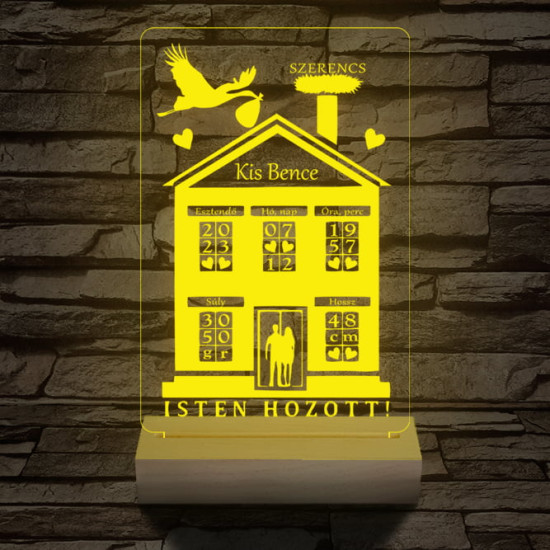 Babaköszöntő személyre szabott 20 cm fa talppal 7 színű 3D led lámpa