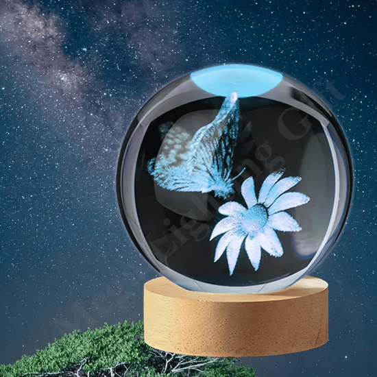 Kristálygömb Pillangó, Virág 7 színű 3D LED lámpa