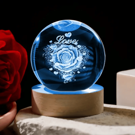 Kristálygömb Rózsa Love 7 színű 3D LED lámpa