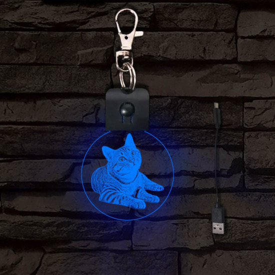 Fekvő cica világító LED-s kör kulcstartó