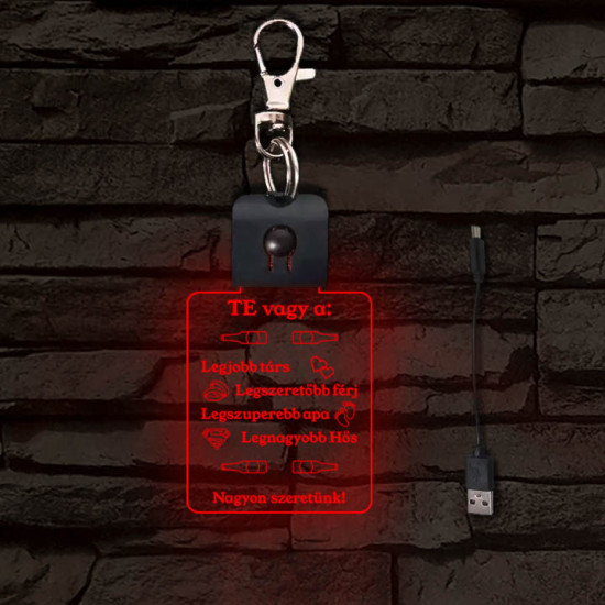 Nagyon szeretünk apák napjás világító LED-s téglalap kulcstartó