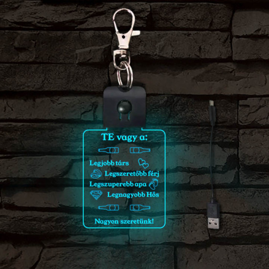 Nagyon szeretünk apák napjás világító LED-s téglalap kulcstartó