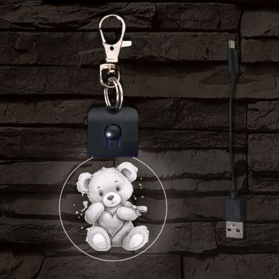 Maci szívvel világító LED-s kör alakú kulcstartó