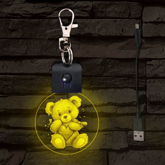 Maci szívvel világító LED-s kör alakú kulcstartó