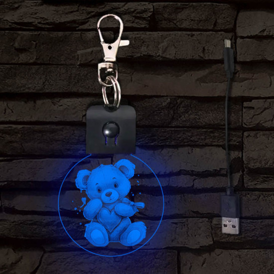 Maci szívvel világító LED-s kör alakú kulcstartó