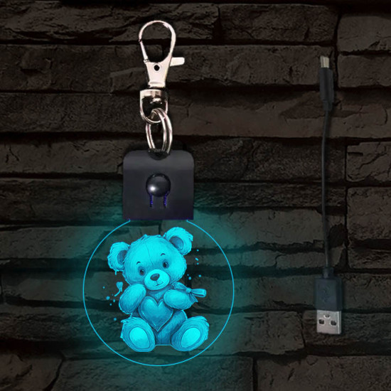 Maci szívvel világító LED-s kör alakú kulcstartó