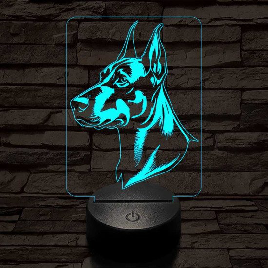 Dobermann-fej, 7 színű 3D led lámpa