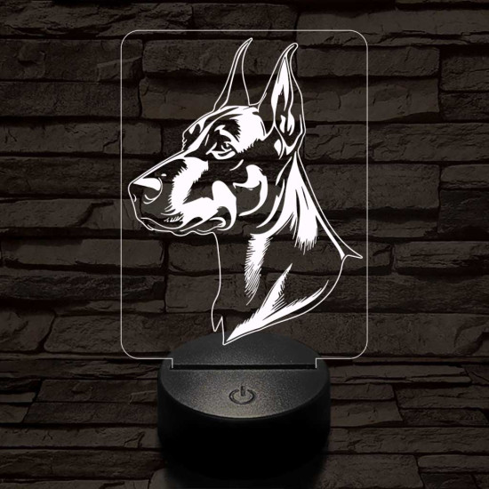 Dobermann-fej, 7 színű 3D led lámpa