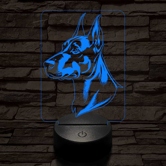 Dobermann-fej, 7 színű 3D led lámpa