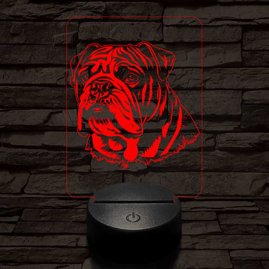 Angol bulldog-fej, 7 színű 3D led lámpa