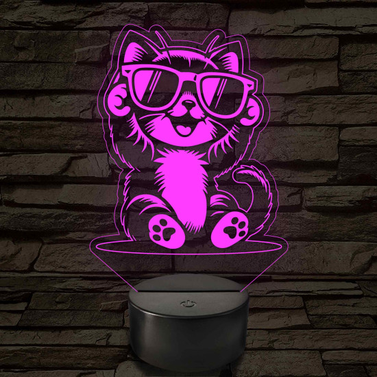 Cool Macska napszemüvegben – 7 színű, színváltós 3D LED lámpa
