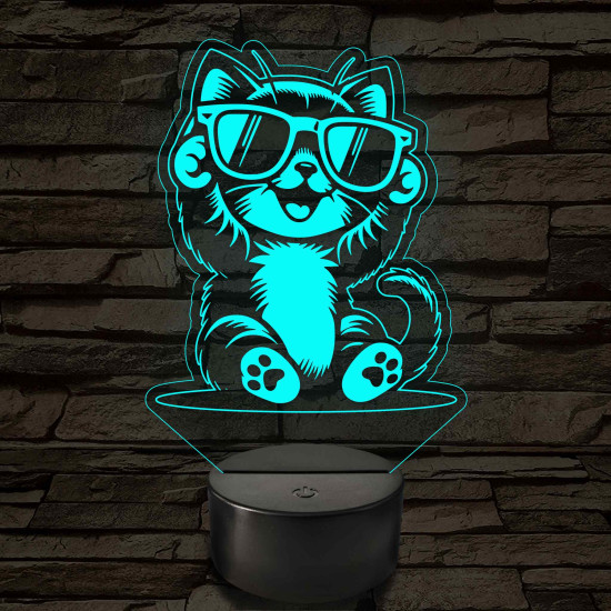 Cool Macska napszemüvegben – 7 színű, színváltós 3D LED lámpa