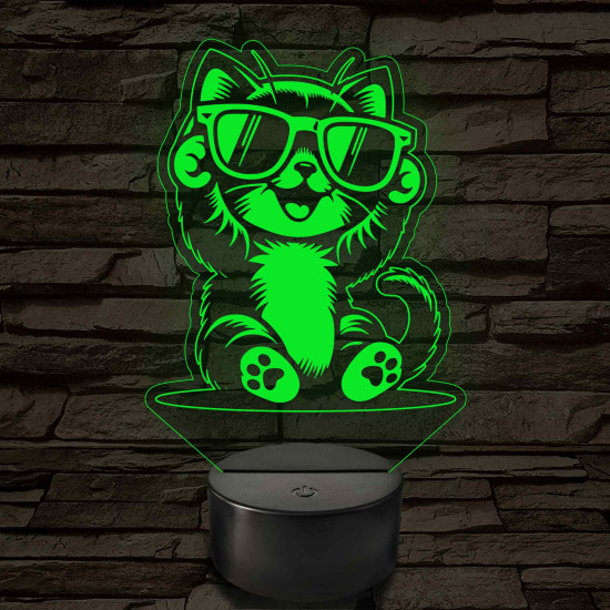 Cool Macska napszemüvegben – 7 színű, színváltós 3D LED lámpa