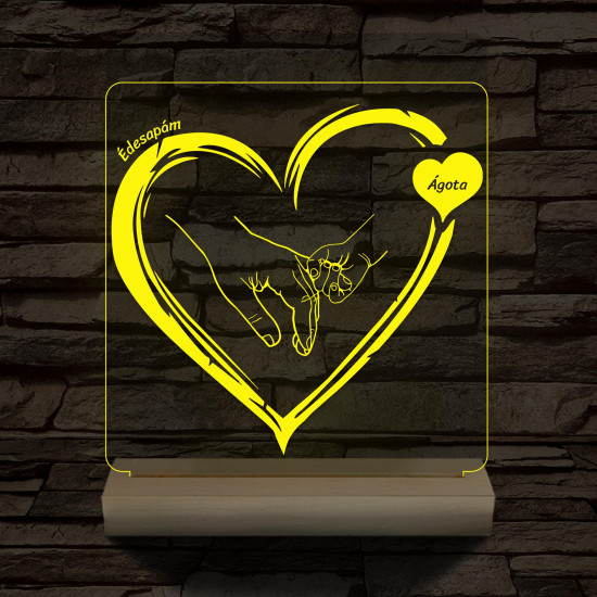 Apák napjára ujj-fogós szívben személyre szabott fa talppal 7 színű 3D led lámpa